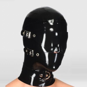 LATEX BONDAGE HOOD WITH DETACHABLE EYE MASK AND MOUTH COVER