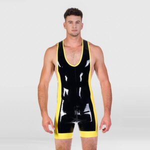 LATEX BODYSUIT COLOR-BLOCK ZIP MEN’S WRESTLING SINGLET