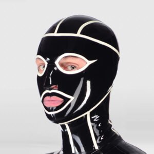 LATEX BONDAGE HOOD CONTRAST REINFORCED SEAM STRIPE