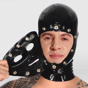 LATEX BONDAGE HOOD METAL SNAP-BUTTON SECURED REMOVABLE MASK