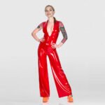 Women’s Red Latex Jumpsuit – Flared Pants and Vest Design, Modern Stylish Catsuit