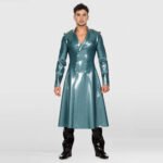 Men’s Solid Color Latex Top – Double-Breasted Long Trench Coat, Fashion Style