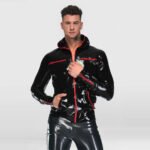 Men’s Minimalist Latex Zip-Up Hooded Jacket – Sleek Fashion Top