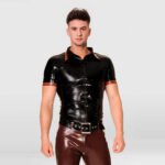 Latex Polo Top – Parallel Line Design with Zip-Up Closure
