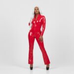 Solid Color Latex Catsuit for Women – Bell Sleeve Flared Leg Jumpsuit, Sleek Fashion Look