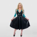 Women's V-Neck Latex Dress with Long Sleeves - High Shine Fashion