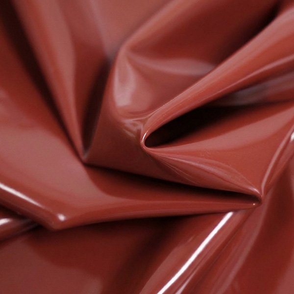 Red-orange latex mini skirt